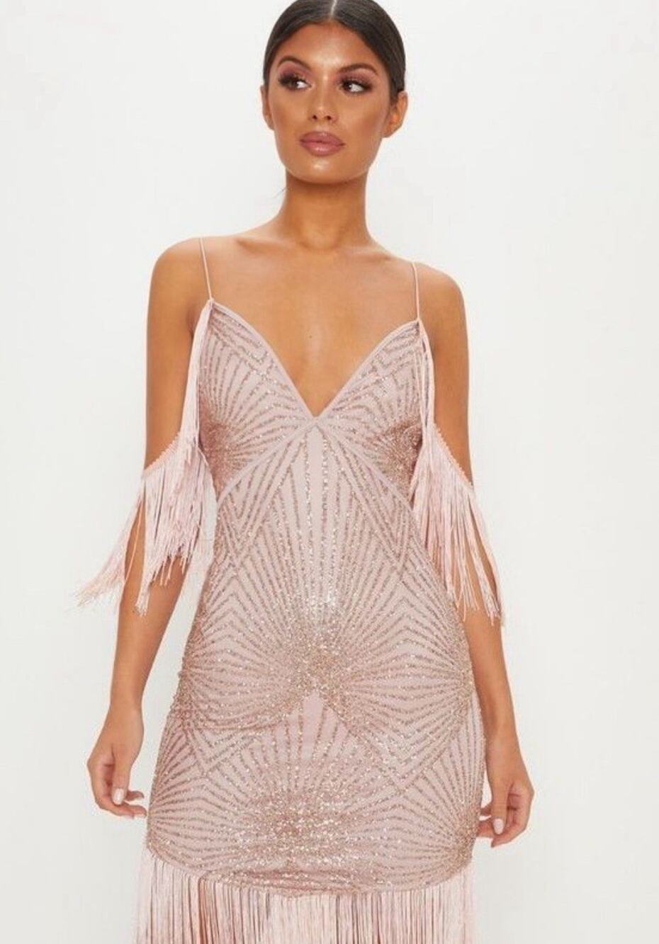 PrettyLittleThing Blush Pink Sequin Fringe Midi Dress